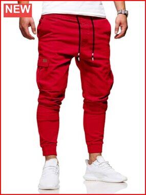 Slim Fit Cargo Pants with Drawstring Elastic Waist Casual Cotton for Men